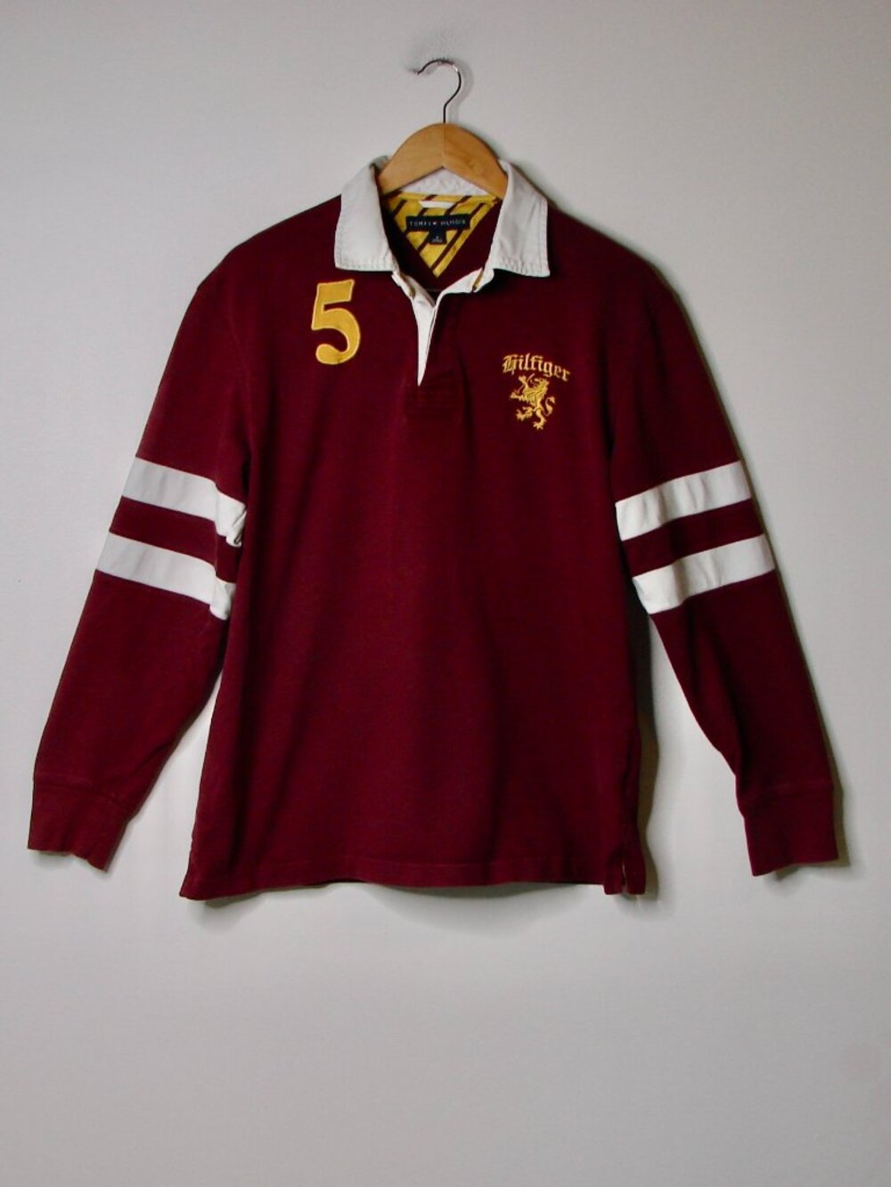Tommy Hilfiger Rugby Polo Shirt Burgundy Gold Long Sleeve Oversized Medium
